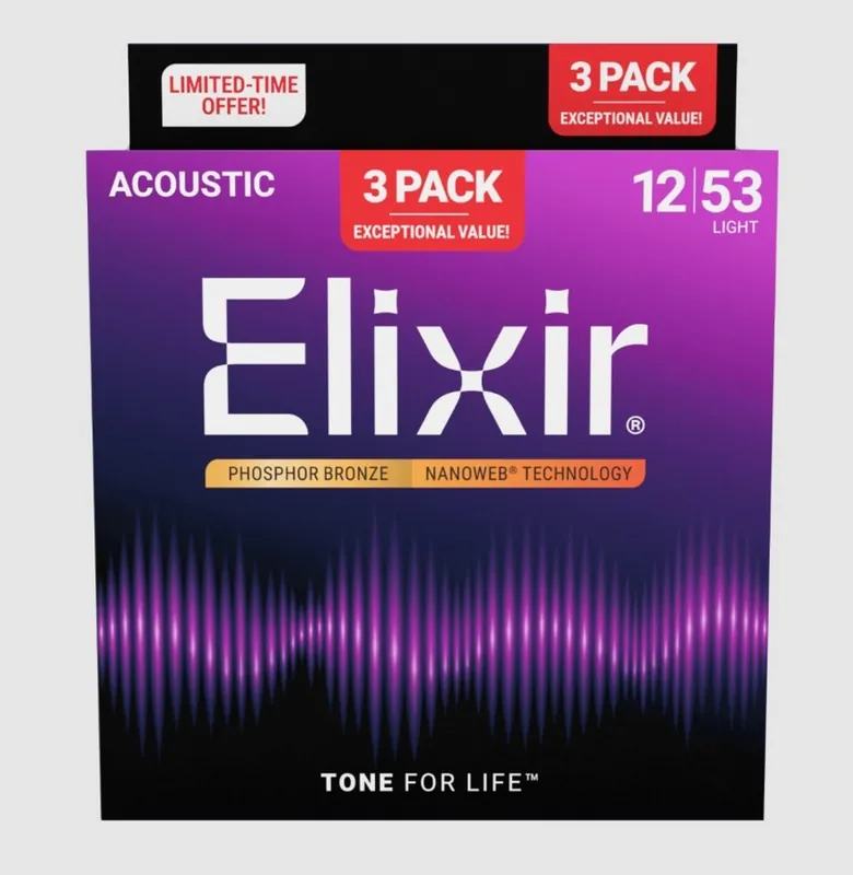 Wysoka jakość ELIXIR 16569 NanoWeb Phosphor Bronze 12-53 - Struny do gitary akustycznej 3pack