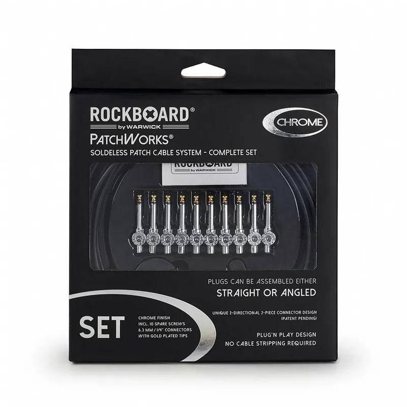 Wyprzedaż RockBoard PatchWorks Solderless Patch Cable Set - zestaw kabli i wtyczek do pedalboardu 3m kabla + 10 wtyczek chrom