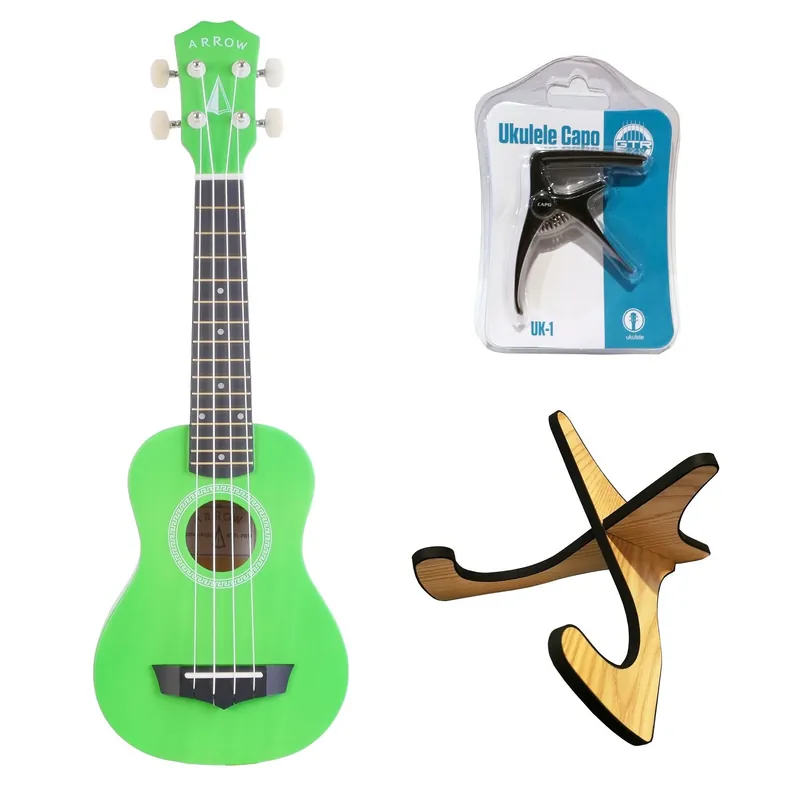 Bestseller Zestaw Ukulele Arrow PB10GR Pokrowiec + Stojak + Kapo