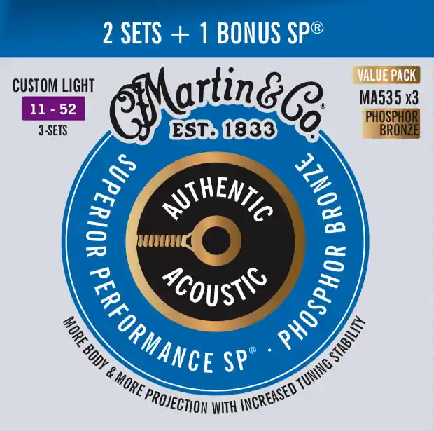 3 komplety strun do gitary akustycznej Martin MA535 Authentic Acoustic Superior Performance SP Value Pack Custom Light 11 - 52 Zamów dziś