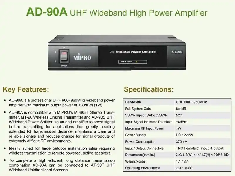 MIPRO AD 90 A Profesjonalny szerokopasmowy wzmacniacz antenowy UHF Bezpieczne zakupy