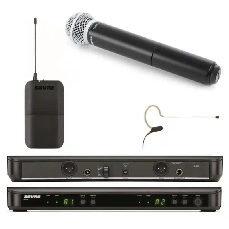 Wyjątkowa oferta SHURE BLX1288E/MX53 System bezprzewodowy z podwójnym odbiornikiem, zestaw podwójny 1 x BLX2/SM58 + 1 x BLX1 + 1 x MX153 + 1 x BLX88
